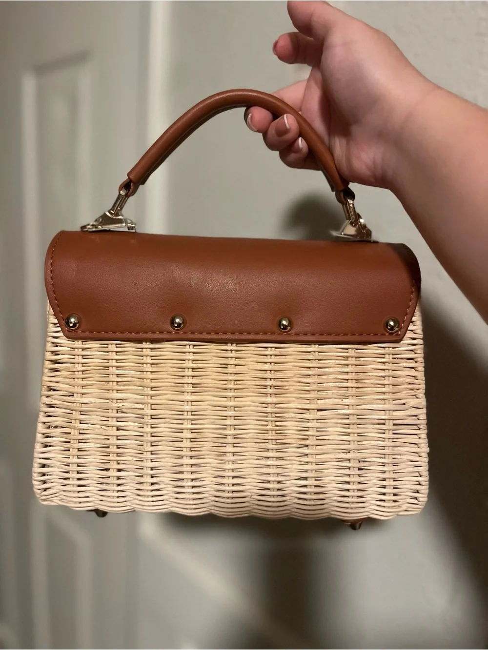 Tommy Bahama Tan Leather & Wicker Top-Handle Bag